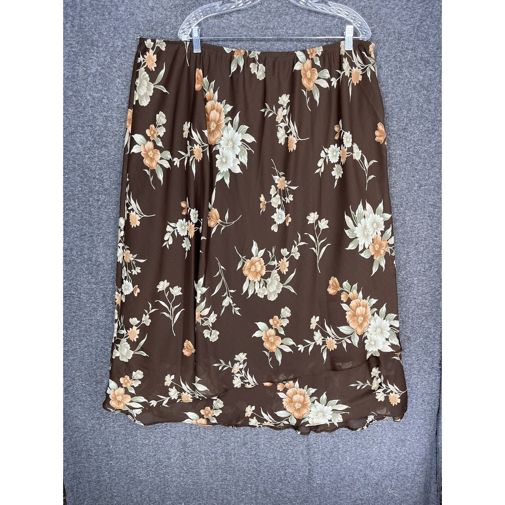 Vintage Laura Scott Maxi Skirt Women's Plus Size 24W Brown Floral Sheer Lined